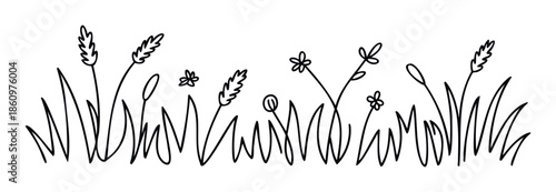 Simple hand drawn line art depicting a vibrant field of grass, delicate wildflowers, and wheat elements, perfect for rustic decor, childrens book illustrations, or natureinspired graphic