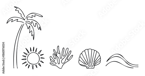Stylized line drawings of summer beach and ocean elements featuring a palm tree sun seashell coral and waves perfect for travel brochures kids books or web graphics