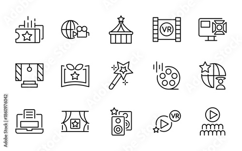 Stage performance line icon set. Show event, music concert, theater acting, live entertainment, audience interaction, pixel-perfect icons