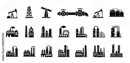 Collection of graphic symbols representing the oil and gas industry and various industrial manufacturing facilities including oil wells, refineries, pipelines, and factory buildings for