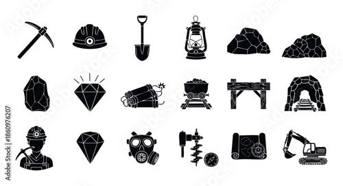 Collection of essential mining tools, equipment, and resources for geological exploration, construction projects, and resource extraction industry applications.