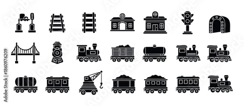 Collection of black silhouette train and railway transportation icons including locomotives stations tracks and signals for graphic design and application interfaces