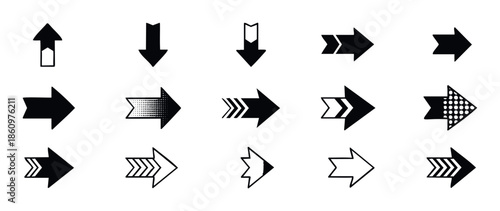 Collection of diverse graphic arrow icons and symbols for user interface navigation, web application design, progress indication, and informational presentation materials.