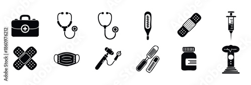 Essential medical and healthcare icons collection featuring first aid kit, stethoscope, thermometer, and syringe, perfect for health awareness and clinic related graphic needs