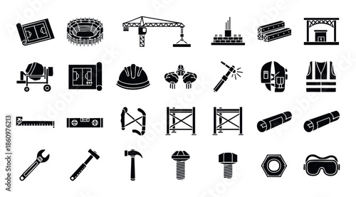 Comprehensive set of construction and building industry icons depicting various tools, equipment, and structural elements useful for engineering project presentations and architectural