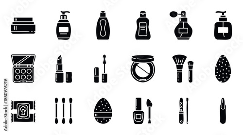 Black silhouette icons of cosmetic products and makeup tools including creams, lotions, perfume, lipstick, mascara, brushes, and sponges, perfect for beauty product branding and personal