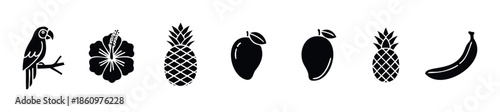 Black silhouette tropical icons including parrot, hibiscus, pineapple, mango, and banana, perfect for travel, vacation, exotic food, and summer resort themes