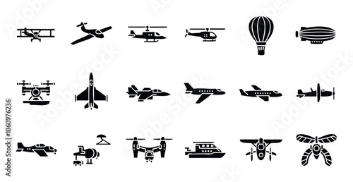 A versatile collection of transportation icons, featuring planes, helicopters, drones, hot air balloons, airships, and a boat, perfect for travelrelated graphic design and digital media