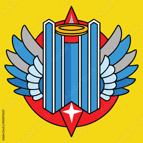 Urban Wings Emblem, Skyscraper Halo Design, Red Star Triangle, Blue Gray Wings, Celestial Symbolism, Patriotic Colors, Symmetrical Graphic Identity