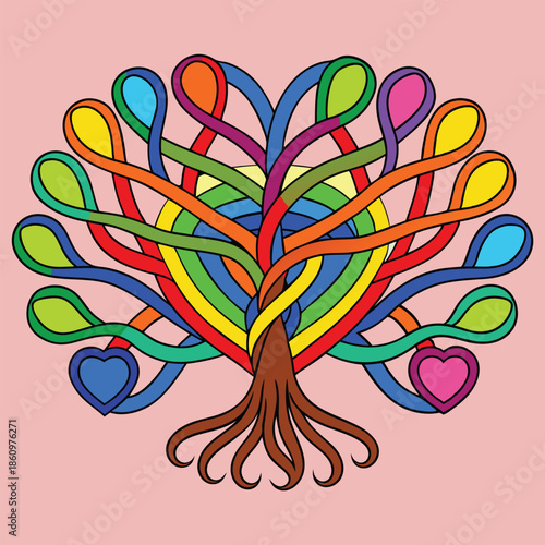 Rainbow Tree of Unity Graphic, Heart Branches, Colorful Leaves, Symmetrical Roots, Nature Love Symbol, Diversity Art, Pink Background Design