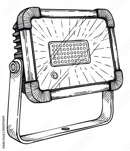 A detailed handdrawn sketch of a modern LED floodlight emitting bright illumination, suitable for construction industry publications or lighting technology showcases