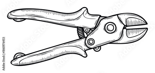 A detailed black and white outline drawing of a garden pruner tool used for horticulture and landscaping projects, ideal for gardening catalogs, educational materials, and DIY guides.