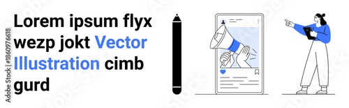 Megaphone on smartphone for announcements, black pen symbolizing creativity, and woman with tablet illustrating digital strategy. Ideal for marketing, promotion, creativity, blogging, design