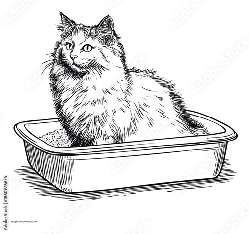 Detailed line drawing of a fluffy domestic cat using a litter box, illustrating feline hygiene and pet care for veterinary clinics, animal shelters, or educational materials
