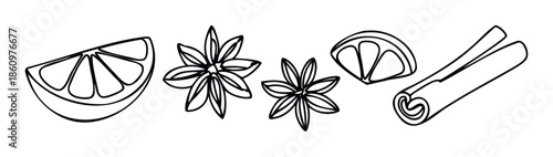 Line drawing outlines of various aromatic spices including star anise and cinnamon sticks with fresh citrus slices perfect for use in cooking blogs recipe cards or seasonal beverage menus