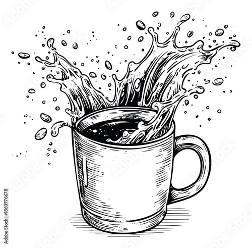 Black and white drawing of a powerful coffee splash from a classic mug, excellent for engaging food blogs, restaurant signage, or drinkware advertisements.