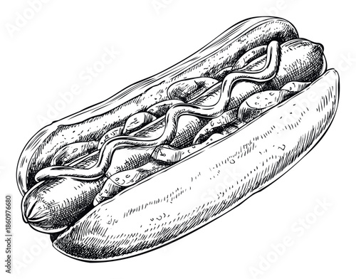 Detailed hand drawn sketch of a classic American hot dog with mustard and relish in a soft bun, ideal for culinary publications, menu layouts, and food blog graphics