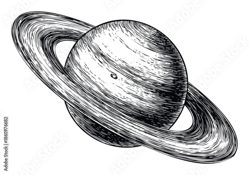 Captivating vintage inspired woodcut style graphic of the majestic planet Saturn with its iconic rings perfect for cosmic themed projects and educational materials
