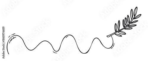 A flowing wavy line connects to a decorative leafy branch accentuating natural harmony and organic growth, ideal for decorative borders or subtle graphic design elements.