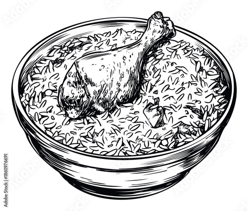 Hand drawn sketch of a delicious chicken and rice meal served in a bowl, perfect for restaurant menus, food blogs, or cooking recipe publications.