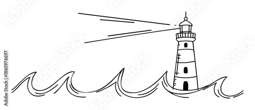 Minimalist line drawing of a towering lighthouse emitting guiding light over stylized ocean waves, perfect for marine themed graphics or navigational safety concepts