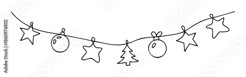 Black continuous line drawing of a festive Christmas garland with assorted star, bauble, and tree decorations, perfect for holiday season branding or winter celebration stationery