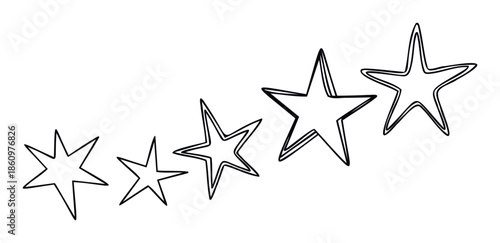 A whimsical progression of handdrawn star outlines increasing in size and complexity, ideal for creating engaging graphics, playful design elements, or celebratory visual concepts