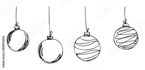 Hand drawn sketch style Christmas ornaments and decorative baubles, ideal for holiday greeting print materials, winter marketing campaigns, and seasonal website graphics.