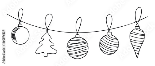 Simple line drawing of festive Christmas ornaments hanging on a string, perfect for holiday greeting decorations, seasonal event invitations, or festive graphic projects.