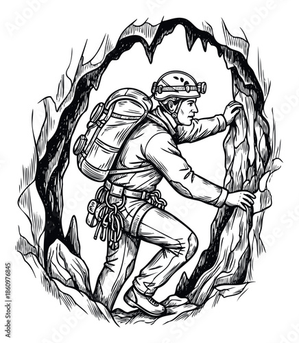 Rugged male caver with a backpack and helmet ascending a rock face inside a natural cavern suitable for showcasing underground exploration or outdoor survival themes