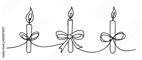 Continuous line drawing of three lit candles with decorative bows, perfect for creating festive holiday greeting cards, invitations, or simple web graphics.