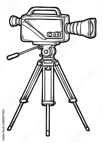 Classic old film movie camera on a professional studio tripod stand ready for production or broadcast recording perfect for media industry projects and film school promotions