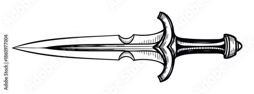 Hand drawn sketch of a sharp ancient dagger with a strong blade and ornate hilt, suitable for historical game themes, heraldry, or medieval adventure stories.