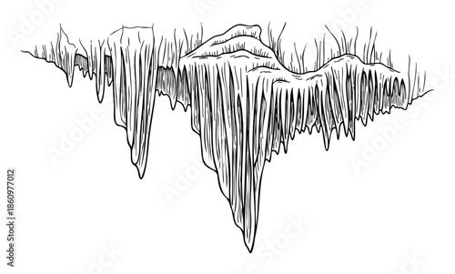 Hand drawn grotto landscape with intricate hanging rock formations and textured ground perfect for natural history exhibits or adventurous video game environment assets and fantasy story