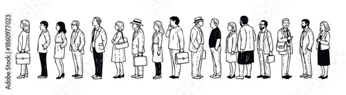 A diverse group of men and women standing patiently in a long line, representing a community of professionals or individuals awaiting service, ideal for illustrating concepts of waiting or