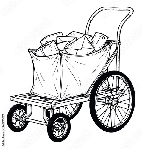 A vintage handdrawn style mail trolley loaded with envelopes and boxes symbolizes postal delivery and shipping, useful for logistics company branding or general service announcements.