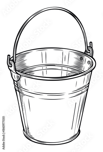 A sturdy metal bucket with a movable handle, presented in a classic black and white engraved style, perfect for projects involving vintage utility, farm life, gardening, or cleaning supplies