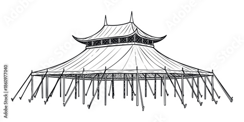 Detailed black and white sketch of a grand circus tent featuring an elaborate pagodastyle roof and numerous supporting poles, ideal for event promotions, festival advertisements, or