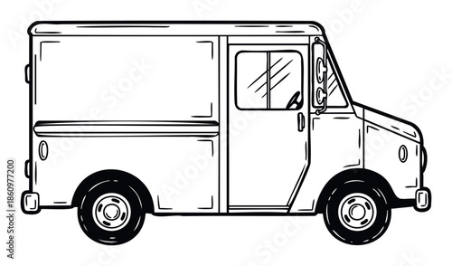 A classic side view outline drawing of a commercial delivery van ready for transporting packages and goods, ideal for business advertisements, logistics presentations, and