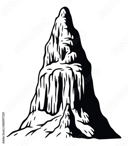 Striking monochromatic mountain peak graphic with rugged texture perfect for outdoor adventure branding or naturethemed poster prints and extreme sports merchandise