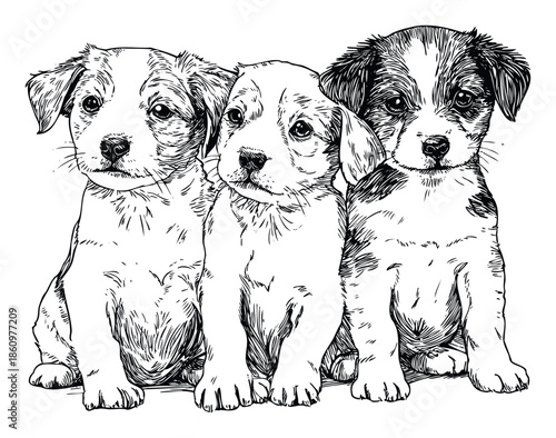 Delightful hand drawn sketch of three cute puppy dogs arranged in a row, suitable for animal themed apparel, veterinary clinic decor, or pet product branding