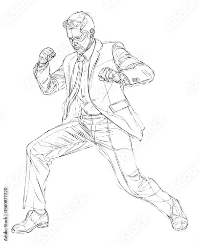 Dynamic line drawing of a businessman in a suit striking a powerful action pose with clenched fists, ideal for comics, storyboards, or visual narratives depicting strength and determination.
