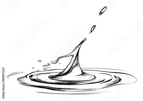 Dynamic monochrome sketch of a water drop impacting a liquid surface creating an energetic splash and concentric ripples, ideal for illustrating concepts of freshness, purity, or fluid