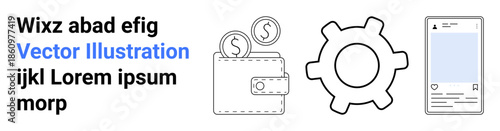 Financial management, technology tools, online transactions, business planning, digital apps, economic processes. Wallet holding coins, gear icon and smartphone screen. Financial management