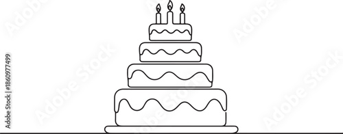 A simple line drawing of a multi-tiered birthday cake with candles on top