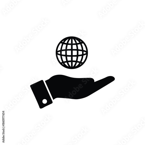 Hand holding globe silhouette illustration, global support and care concept icon isolated on transparent background.
