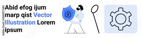 Man holding shield with lock icon, magnifying glass, gear icon highlighting security, system settings, research. Ideal for cybersecurity, technology, safety, analysis protection development simple
