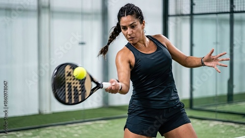 Latina athlete in action hitting a padel ball with intensity on an indoor court