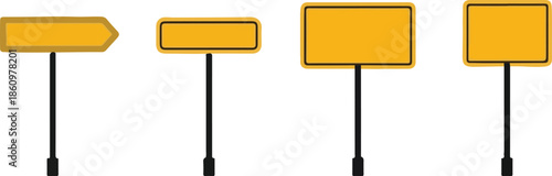 Set of blank yellow road signs on black poles