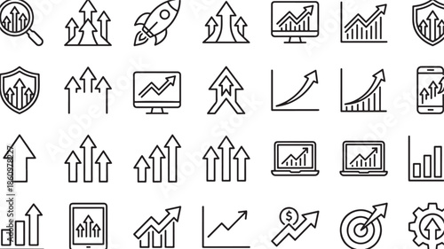 Set of business and finance icons including graphs, charts, and arrows on